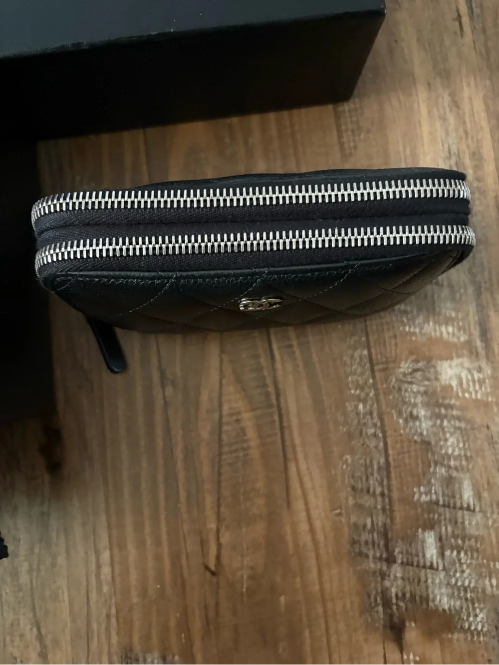 CHANEL Black Quilted Caviar Leather Double Zip Wallet